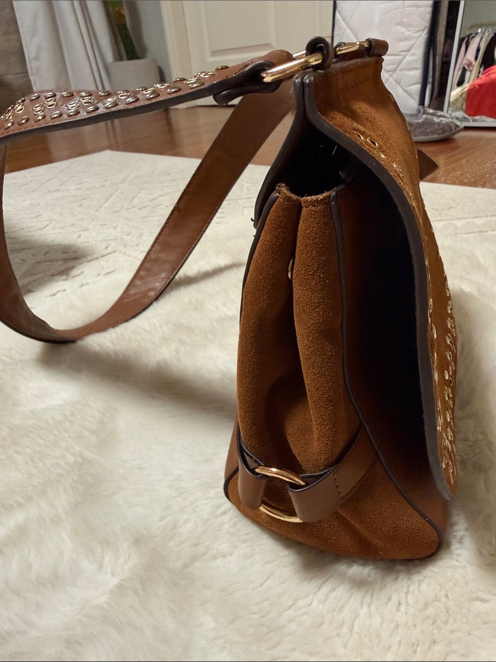 Brown faux Suede and leather Eyelet Crossbody Bag with gold studded Strap - Picture 2 of 5